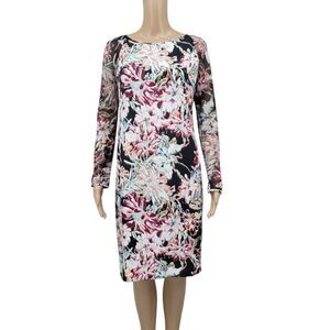 L'AGENCE Silk Floral Midi Dress with Mesh Long Sleeves Black Women's Size 8